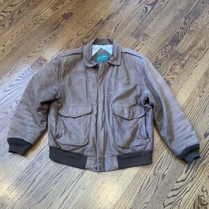 Vintage Men's Brown Leather Bomber Jacket Size 46 Moto‎ Pilot Retro Hipster